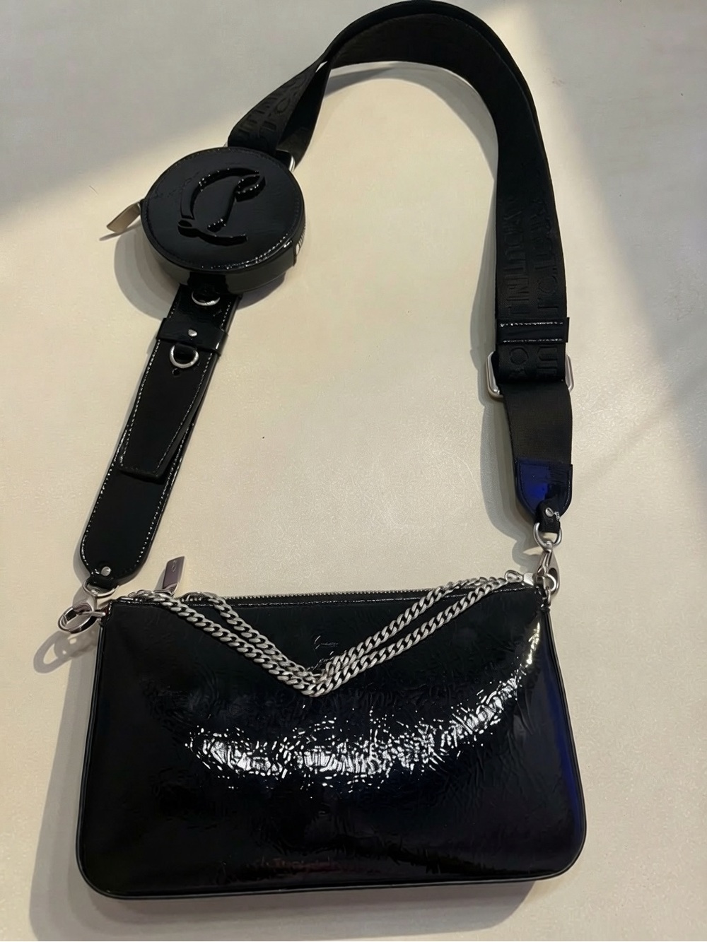 Christian Louboutin Black Patent Crossbody Bag with Chain Accent never carried